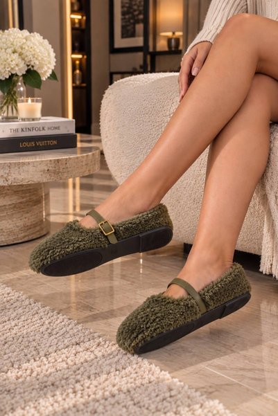 ModaMert Women's Khaki Fur Buckle Comfortable Ballerina Shoes Suitable for Home and Daily Wear