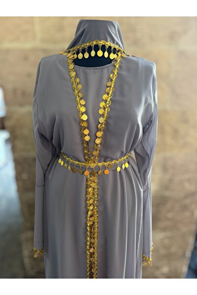 MODA Düz Şifon Çeyrekli Kaftan Şal ve Kuşak Dahil (38-48 Beden Uyumlu)