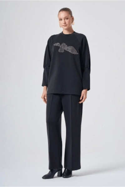 Nuss 1077 Flower Bead Embroidered Trouser Suit Black