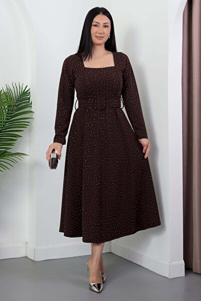 PULLIMM Square Neck Long Sleeve Flared Dress with Stones 2026-5005