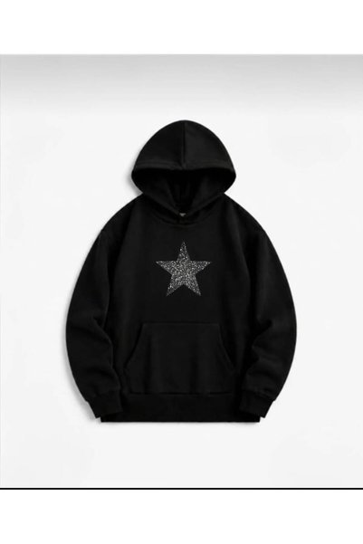 Yıldız Gümüş Baskılı Siyah Sweatshirt