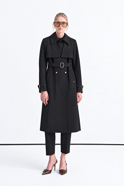 Zühre Wide Collar Belted Lined Black Trench Coat 14193