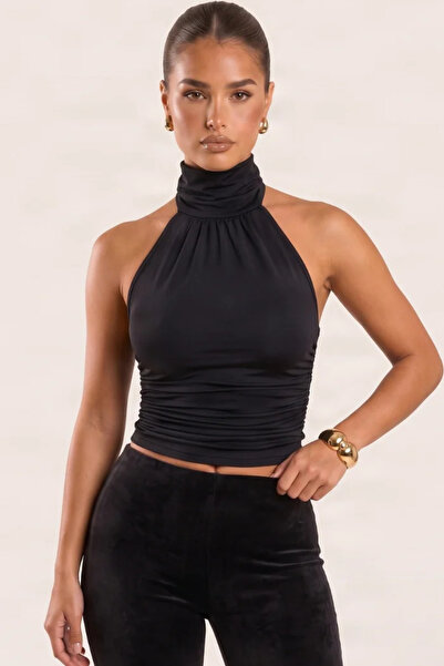 World Fashion Trends Μαύρη μπλούζα με ψηλό γιακά και λεπτομέρεια ντραπέ με κο...