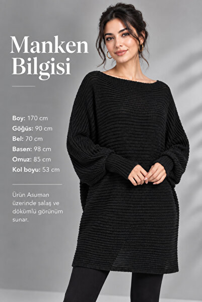 Miss Kiss Kadın Siyah Kayık Yaka Oversize İnce Triko Tunik Uzun Kollu Salaş K...
