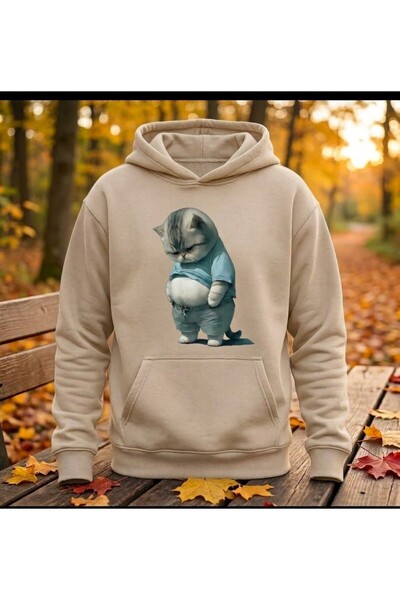 UNCİA OUTDOORS Kadın Erkek unisex şişman kedi baskılı oversize kapüşonlu sweatshirt