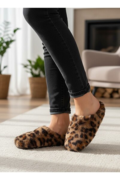 MİNAHOBİ Winter Leopard Patterned Comfortable Sole Daily Women's Home - Carpe...