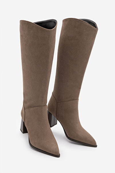 Marjin Women's Pointed Toe Thick Heeled Non-Zipper Boots Tines Mink Suede