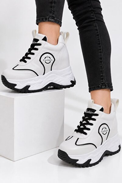Leyna Women's White and Black Comfortable Fit Wedge Sneakers High Sole [10] c...