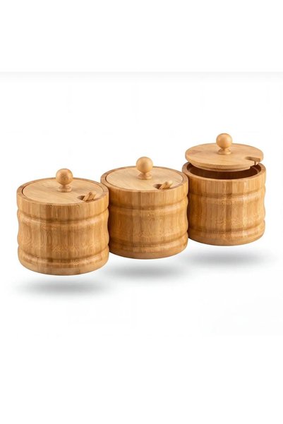 BEYNİS LİFE Ağacın İkinci Yaşamı 3-Piece Bamboo Spice Container Set - Wooden Spice Container with Lid and Spoon - Bamboo Salt and Pepper Storage Container