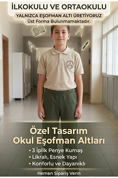 MASSMODA Eşofman Altı 3 İplik Şardonsuz Okul İçin Özel Haki Yeşil Düz Paça İl...
