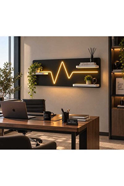 Mars Desing LED Işıklı Kalpli Beyaz Raflı MDF Duvar Tablo 90*38