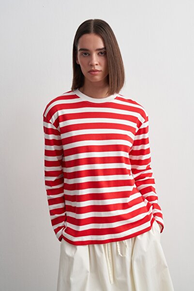 KADRİYE BAŞTÜRK Cotton Striped T-Shirt Red
