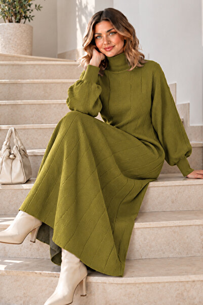 benguen High Collar Ribbed Knitwear Dress K3051 Oil Green