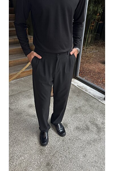 JESSE STORY Men's Black Fabric Trousers 110 cm Cotton Texture Pleated Straight Leg Relaxed Fit Elastic Waist 4 Season Pants Code: Jsm26Kp-001-2