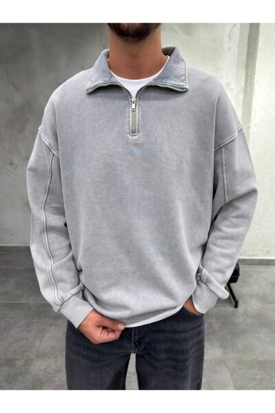 DIFRANSEL JEANS Half Zipper Polo Collar Washed Gray Sweatshirt