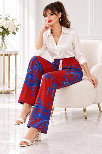Bluewhs Women's 100% Viscose Patterned Loose Trousers – Elastic Waist, Soft and Comfortable for Daily Use