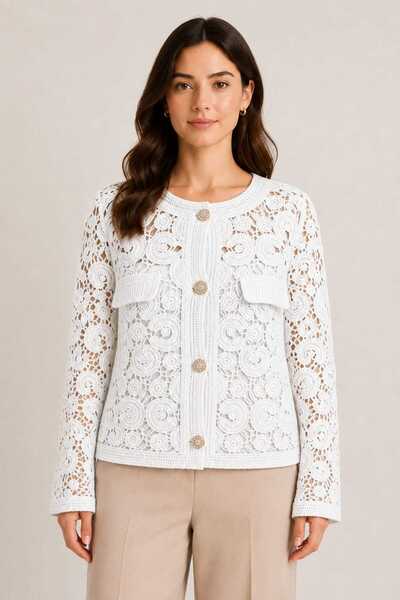 ASEZ BUTİK ZERAFETİN ADRESİ Asez Boutique Women's Guipure, Openwork Lace Jacket, Crew Neck, Buttoned Pocketed Jacket