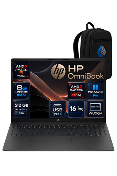 HP OmniBook 3 AMD Ryzen 5 7520U 8 GB LPDDR5 512 GB SSD Radeon 610M 16'' WUXGA...