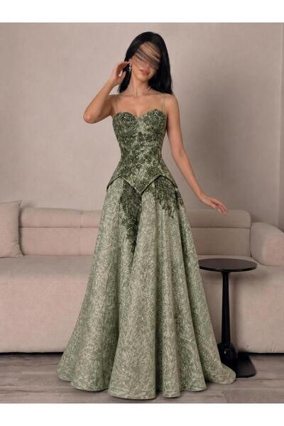 Olivia Style فستان سهرة ماكسي زيتي بحمالات رفيعة وتصميم كورسيه مطرز
