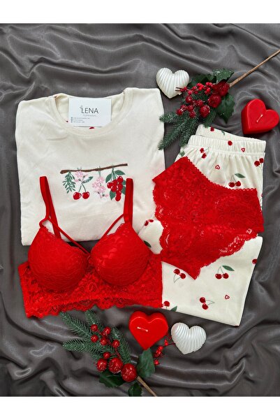Lena Homewears Екрю пижамен комплект от 4 части с десен на череши, със сутиен...