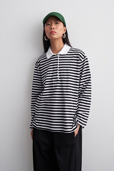 KADRİYE BAŞTÜRK Striped Shirt Collar T-Shirt Black