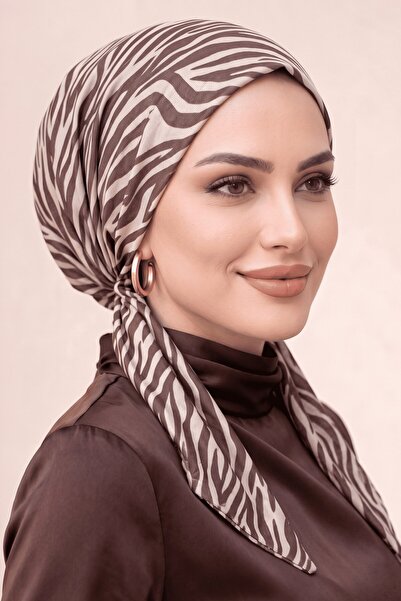 hadiora Women's Beige Zebra Patterned Practical Ready-To-Wear Scarf Bonnet wi...