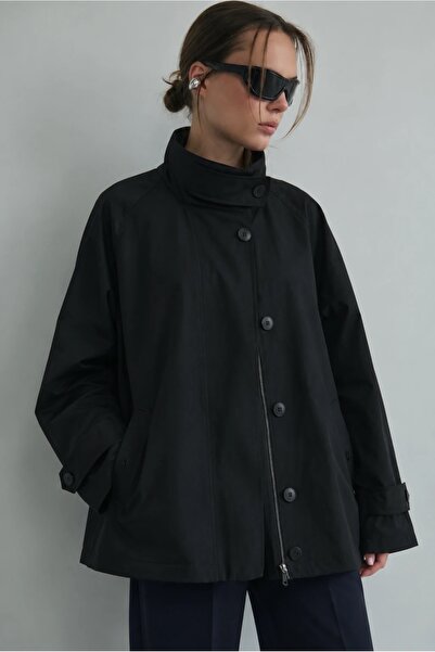 Yefrastore Women's Black Stand Collar Zipper and Button Lined Oversized Trenc...
