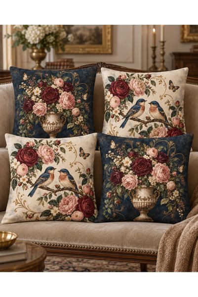 menesahome Vintage Navy Blue Cream Rose, Bird and Butterfly Patterned Digital Printed Set of 4 Gift Throw Pillow Covers