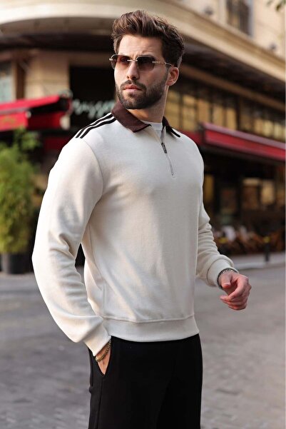 Madmext Beige Stripe Detailed Polo Collar Men's Sweatshirt E7212