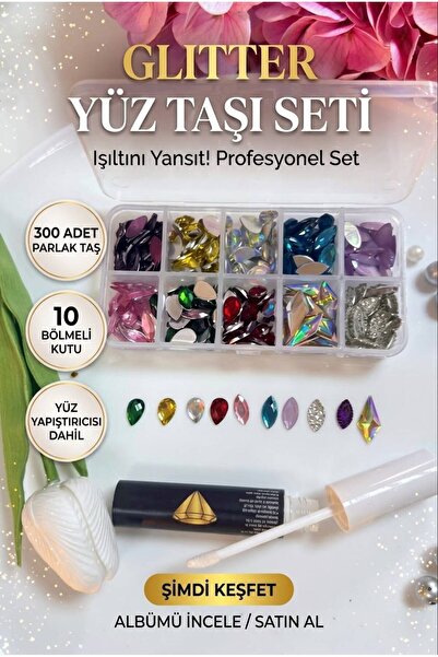 AYLA ÖZTOPRAK Profesyonel Glitter yüz taşı 300 adet-kutulu+ yapıştırıcı hediyeli