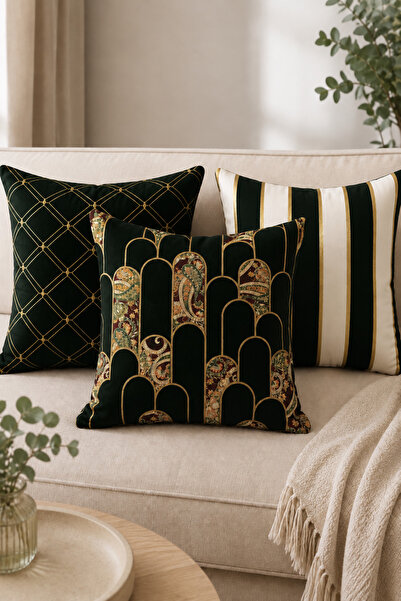 Elay Tekstil Set of 3 Throw Pillow Covers – Black Gold Art Deco Patterned Dig...