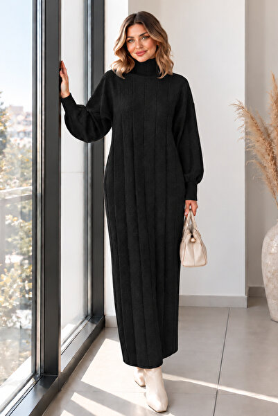 benguen High Collar Ribbed Knitwear Dress K3051 Black