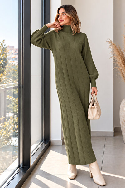 benguen High Collar Ribbed Knitwear Dress K3051 Khaki
