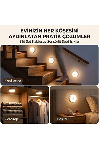 gaman Günışığı Kablosuz Şarjlı Sensörlü Spot Işık 3'lü Set - Yapışkanlı Merdi...