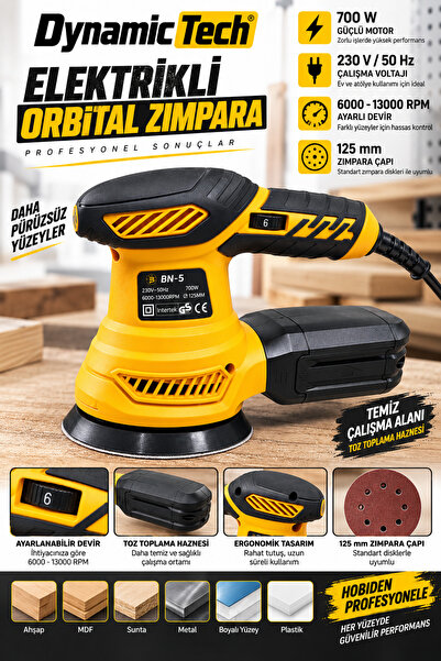 DynamicTech Elektrikli Orbital Zımpara 700W 125mm 6000-13000 RPM Devir Ayarlı Zımpara Makinesi