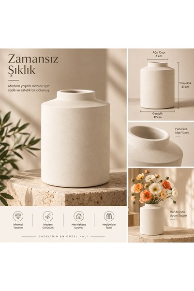 Lui Tasarım Vazo Seramik Dekorasyon İskandinav Tarzı Modern Bohem Krem Rengi Vazo Sade Şık Seramik 22Cm Spica