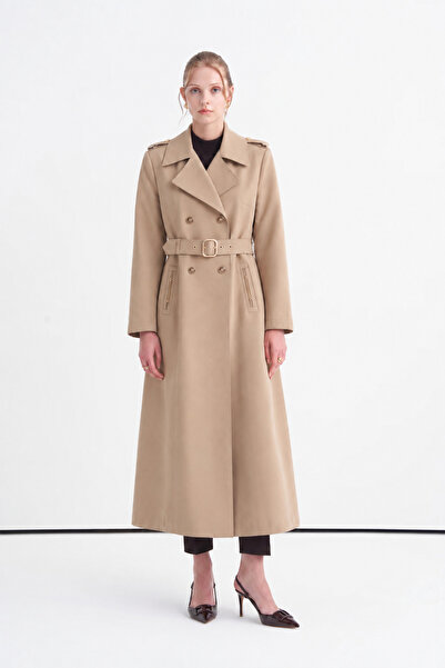 Zühre Double-Breasted Collar Belt Detailed Mink Trench Coat 14049