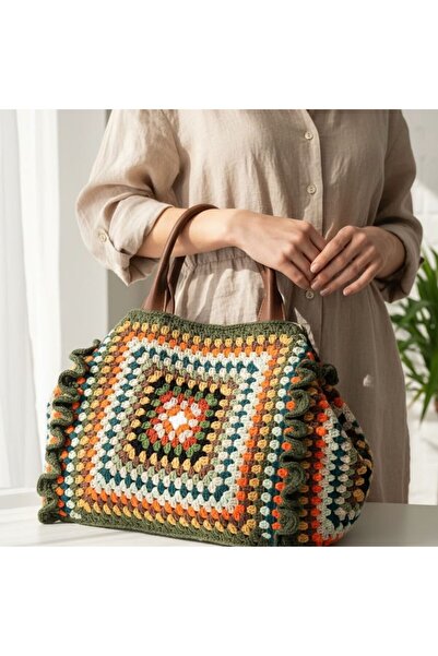 CrochetBilgen Kadın El Yapımı Örgü Granny Square Omuz Çantası Çok Renkli 57x32 cm