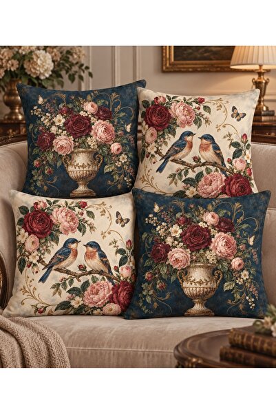 menesahome Vintage Lacivert Krem Gül, Kuş ve Kelebek Desenli Dijital Baskılı ...