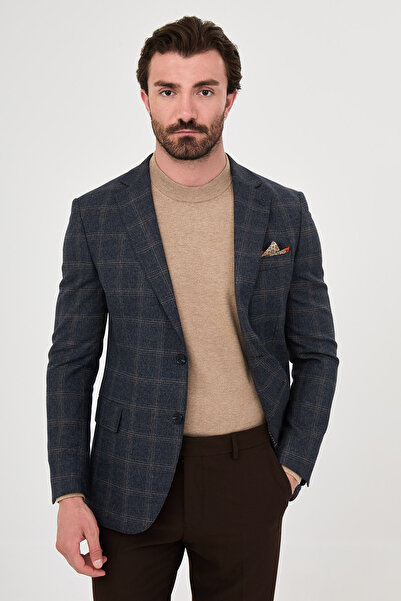 Mcr Plaid Slim Fit Mono Collar Wool Blend Men's Jacket Navy Blue - 41506.26K