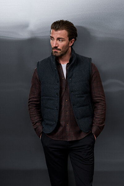 Mcr Textured Slim Fit Stand Collar Buttoned Wool Blend Men's Vest Navy Blue -...
