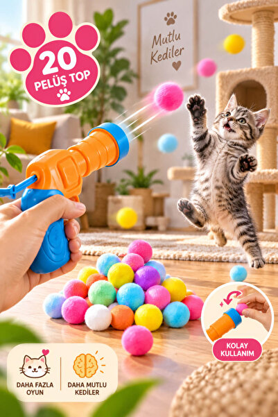 House Bird 20 Toplu Peluş Top Atma Tabancası İnteraktif Kedi Oyuncağı Oyun Seti
