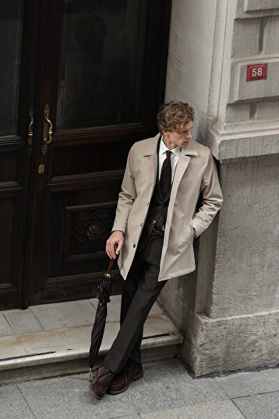 Mcr Straight Slim Fit Shirt Collar Buttoned Men's Trench Coat Beige - 39691.26K