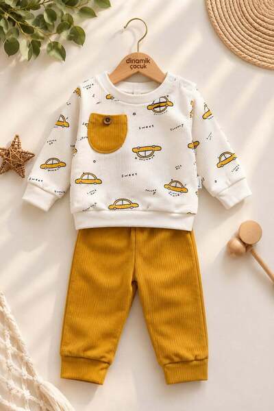 dinamik çocuk Baby Boy Car Patterned Long Sleeve Top and Bottom Set with Pock...