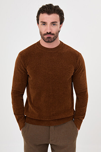 Mcr Plain Slim Fit Crew Neck Chenille Men's Knitwear Sweater Camel - 11604.26K