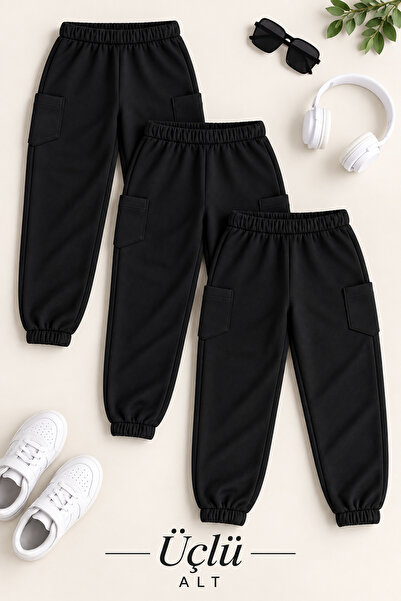 twins tailors Unisex 3-Pack Black Children's Sweatpants with Elastic Waist an...