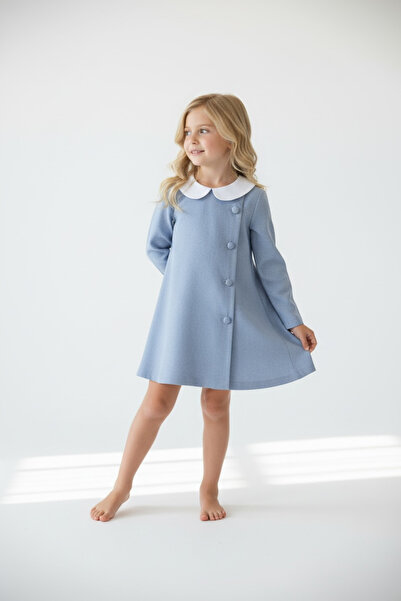 Aslı Türkoğlu Girl's Baby Collar Button Detailed Blue Dress - Classic Stylish...