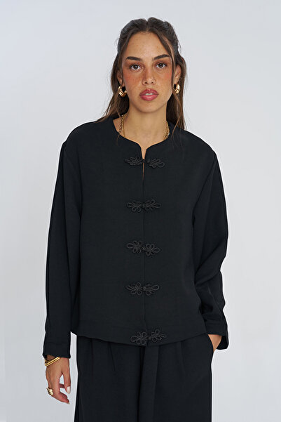 Orfeo Negro Women's Judge Collar Chinese Button Solid Color Blouse - Shirt