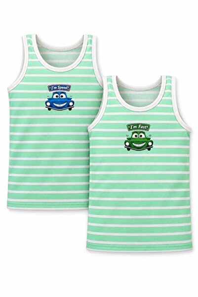 FUL 2-Piece Boys' Undershirts Green and White Striped, Front and Back Printed...