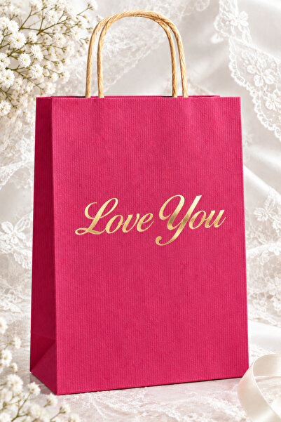 '' Love You '' - Varak Yaldız baskılı Kraft Kağıt Çanta -Pembe Renk - 25 Adet